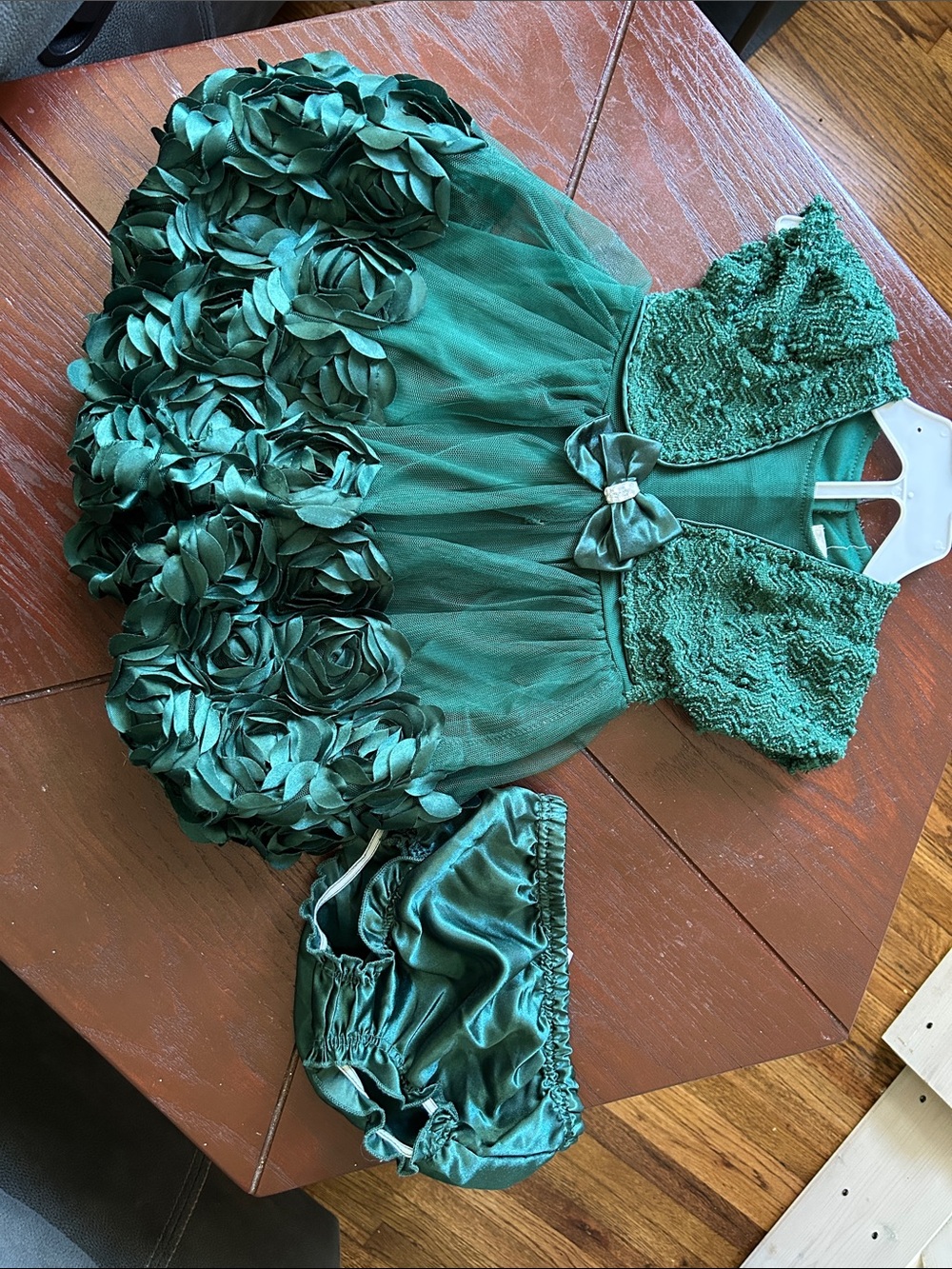 Emerald Green Floral Rosette Baby Dress with Bloomers